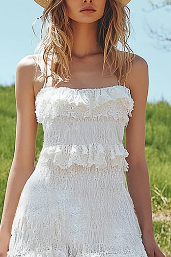 Ivory Lace Boho High-Low Western Wedding Dress with Ruffles