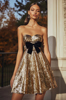 Load image into Gallery viewer, Sparkly Gold Sweetheart Sequin Short Cocktail Dress with Bow