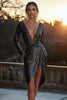 Load image into Gallery viewer, Sparkly Black Sequin Long Sleeves Tight Short Cocktail Dress with Slit