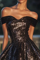 Load image into Gallery viewer, Sparkly Black Sequin A Line Off the Shoulder Short Cocktail Dress