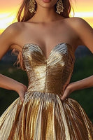 Load image into Gallery viewer, Sparkly Gold Sweetheart Metallic Short Cocktail Dress with Pleats