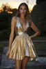 Load image into Gallery viewer, Sparkly Gold Deep V-Neck Metallic Short Cocktail Dress with Pleats