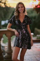 Load image into Gallery viewer, Sparkly Black Sequin V-Neck Short Cocktail Dress with Sleeves