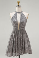 Load image into Gallery viewer, Sparkly Silver Halter Sequin Short Cocktail Dress with Keyhole