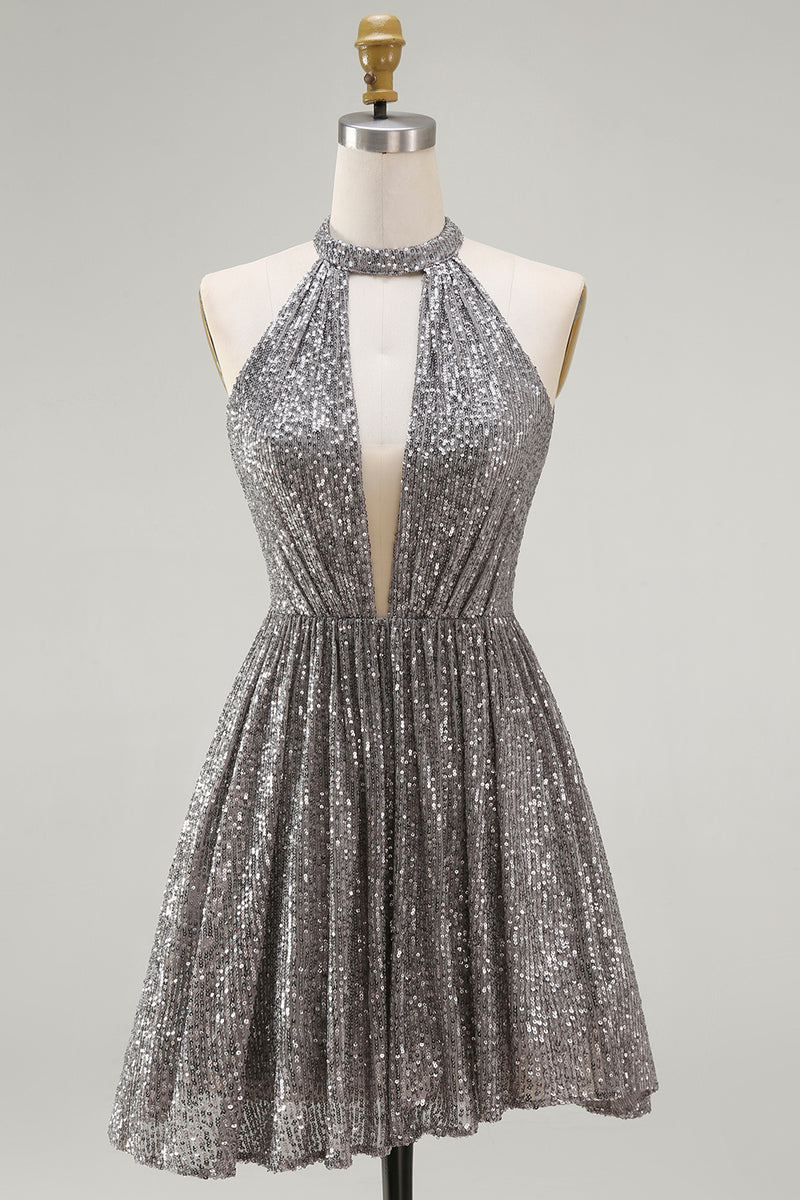 Load image into Gallery viewer, Sparkly Silver Halter Sequin Short Cocktail Dress with Keyhole