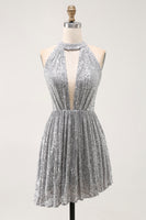 Load image into Gallery viewer, Sparkly Silver Halter Sequin Short Cocktail Dress with Keyhole