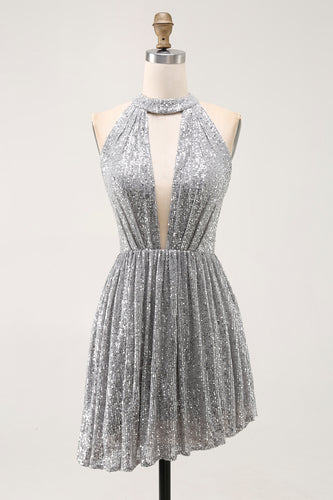 Sparkly Silver Halter Short Sequin Cocktail Dress with Keyhole