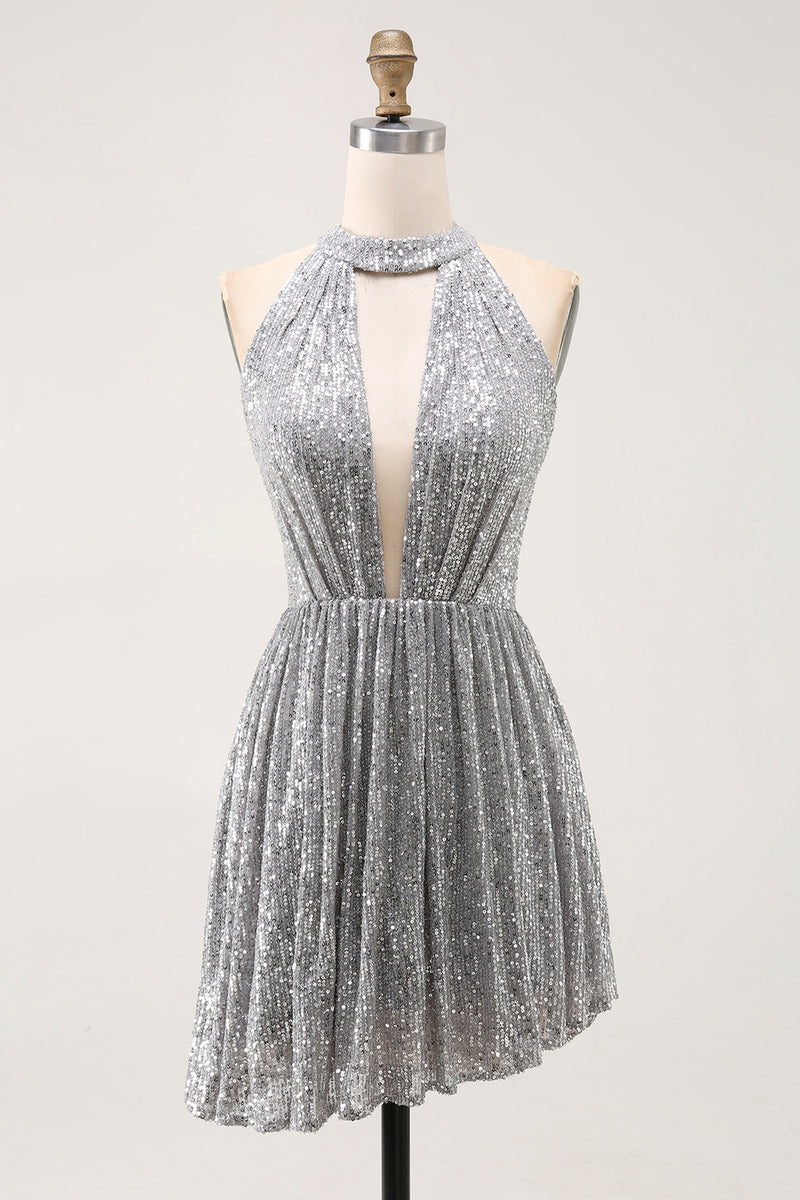 Load image into Gallery viewer, Sparkly Silver Halter Sequin Short Cocktail Dress with Keyhole