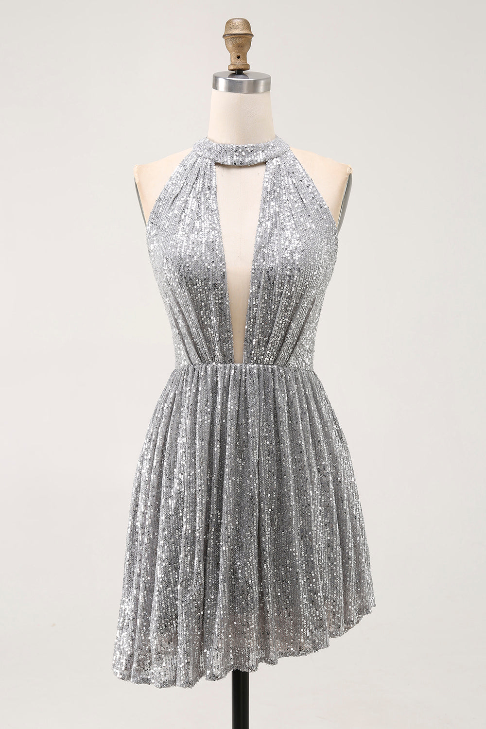 Sparkly Silver Halter Short Sequin Cocktail Dress with Keyhole