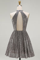 Load image into Gallery viewer, Sparkly Silver Halter Sequin Short Cocktail Dress with Keyhole