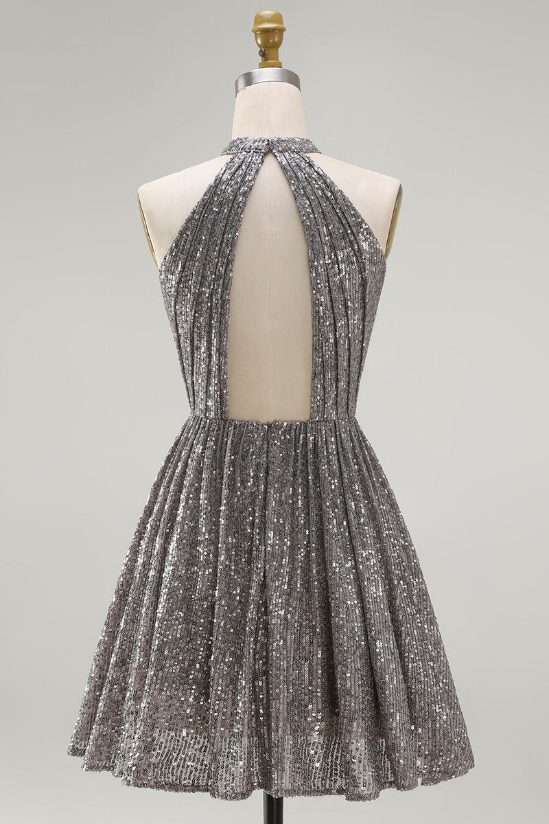Load image into Gallery viewer, Sparkly Silver Halter Sequin Short Cocktail Dress with Keyhole