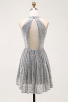 Load image into Gallery viewer, Sparkly Silver Halter Sequin Short Cocktail Dress with Keyhole
