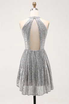 Sparkly Silver Halter Short Sequin Cocktail Dress with Keyhole