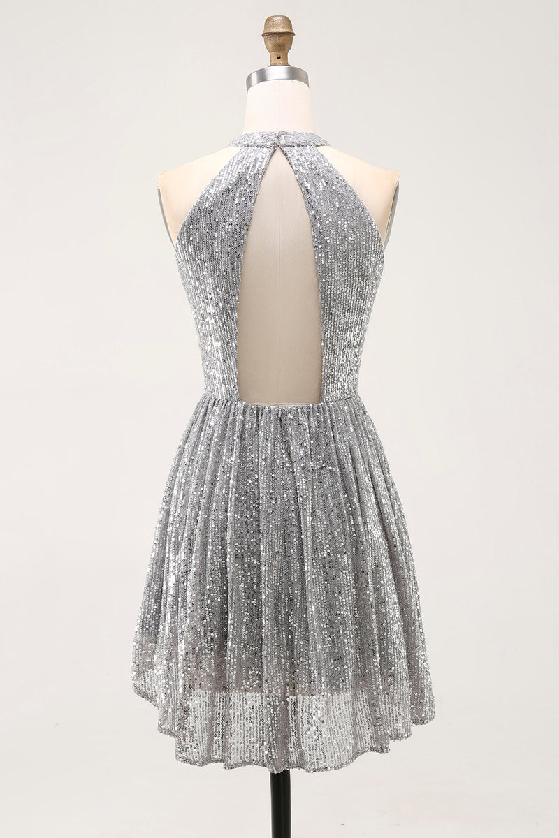 Load image into Gallery viewer, Sparkly Silver Halter Sequin Short Cocktail Dress with Keyhole