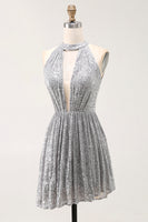 Load image into Gallery viewer, Sparkly Silver Halter Short Sequin Cocktail Dress with Keyhole