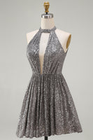 Load image into Gallery viewer, Sparkly Silver Halter Sequin Short Cocktail Dress with Keyhole