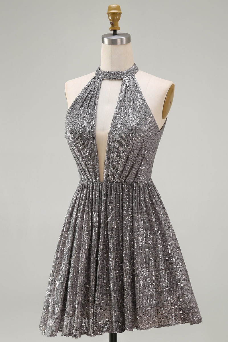Load image into Gallery viewer, Sparkly Silver Halter Sequin Short Cocktail Dress with Keyhole