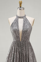 Load image into Gallery viewer, Sparkly Silver Halter Sequin Short Cocktail Dress with Keyhole