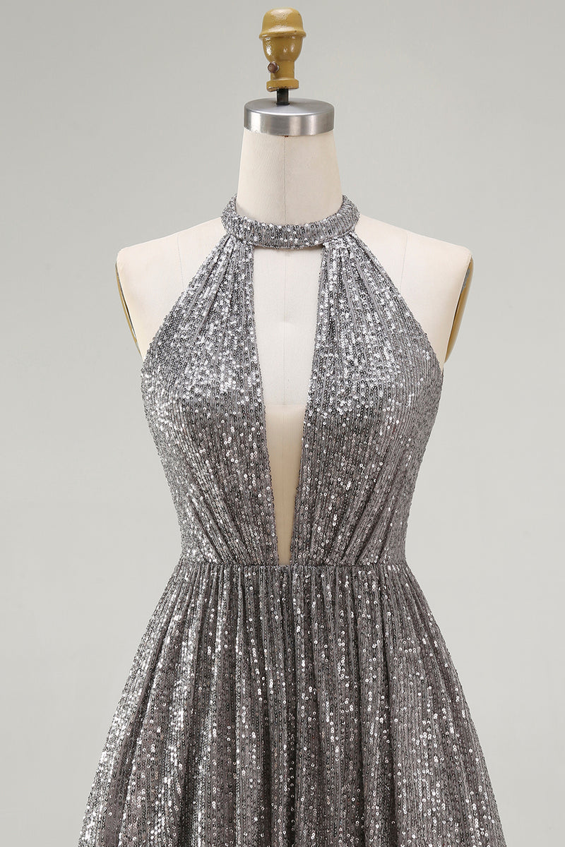 Load image into Gallery viewer, Sparkly Silver Halter Sequin Short Cocktail Dress with Keyhole