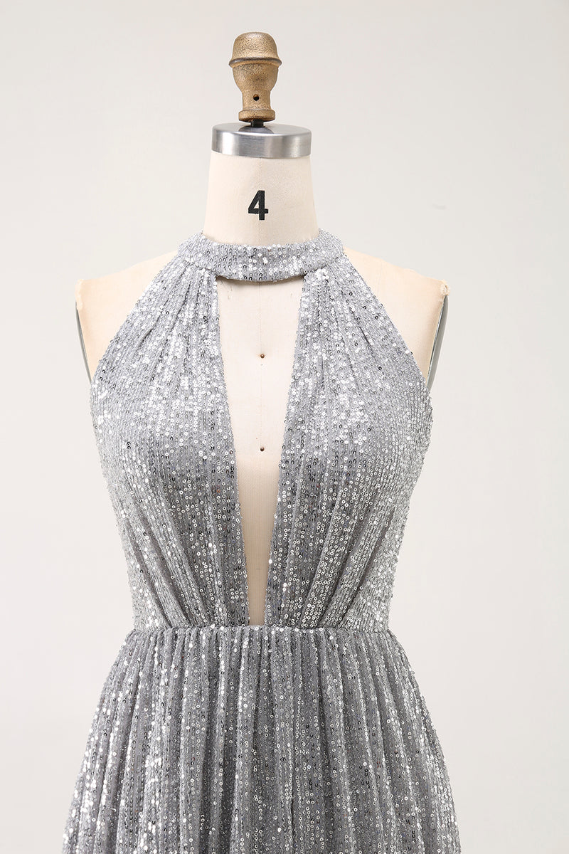 Load image into Gallery viewer, Sparkly Silver Halter Short Sequin Cocktail Dress with Keyhole