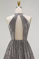 Load image into Gallery viewer, Sparkly Silver Halter Sequin Short Cocktail Dress with Keyhole