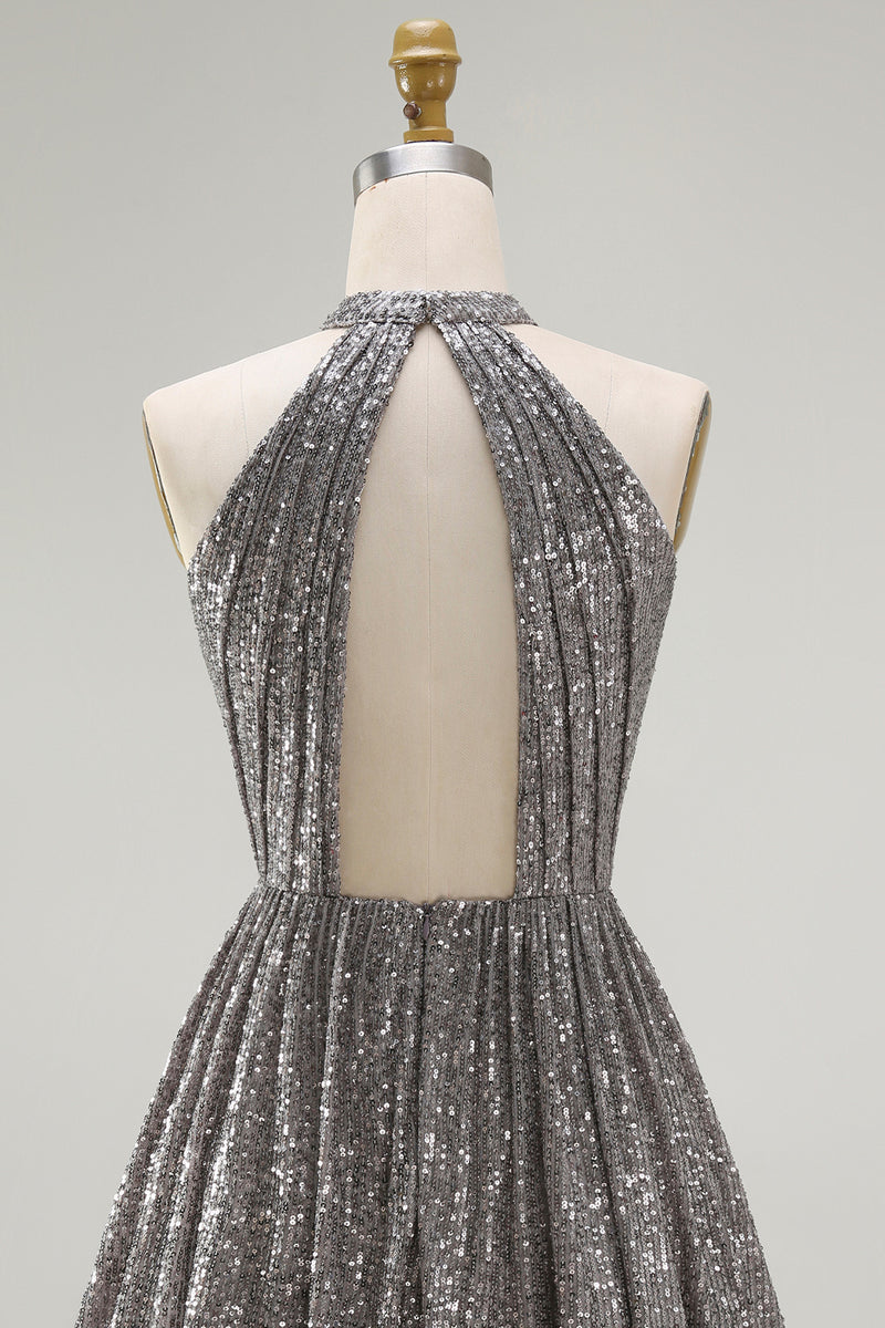 Load image into Gallery viewer, Sparkly Silver Halter Sequin Short Cocktail Dress with Keyhole
