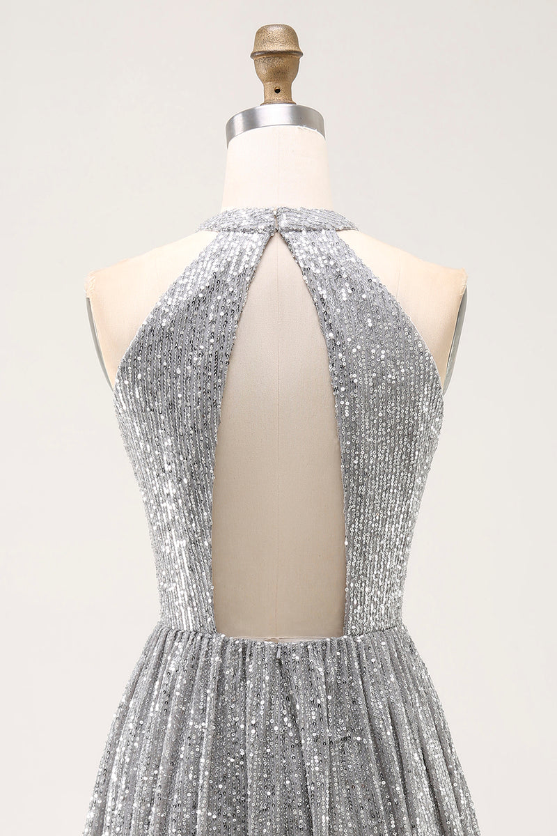 Load image into Gallery viewer, Sparkly Silver Halter Short Sequin Cocktail Dress with Keyhole