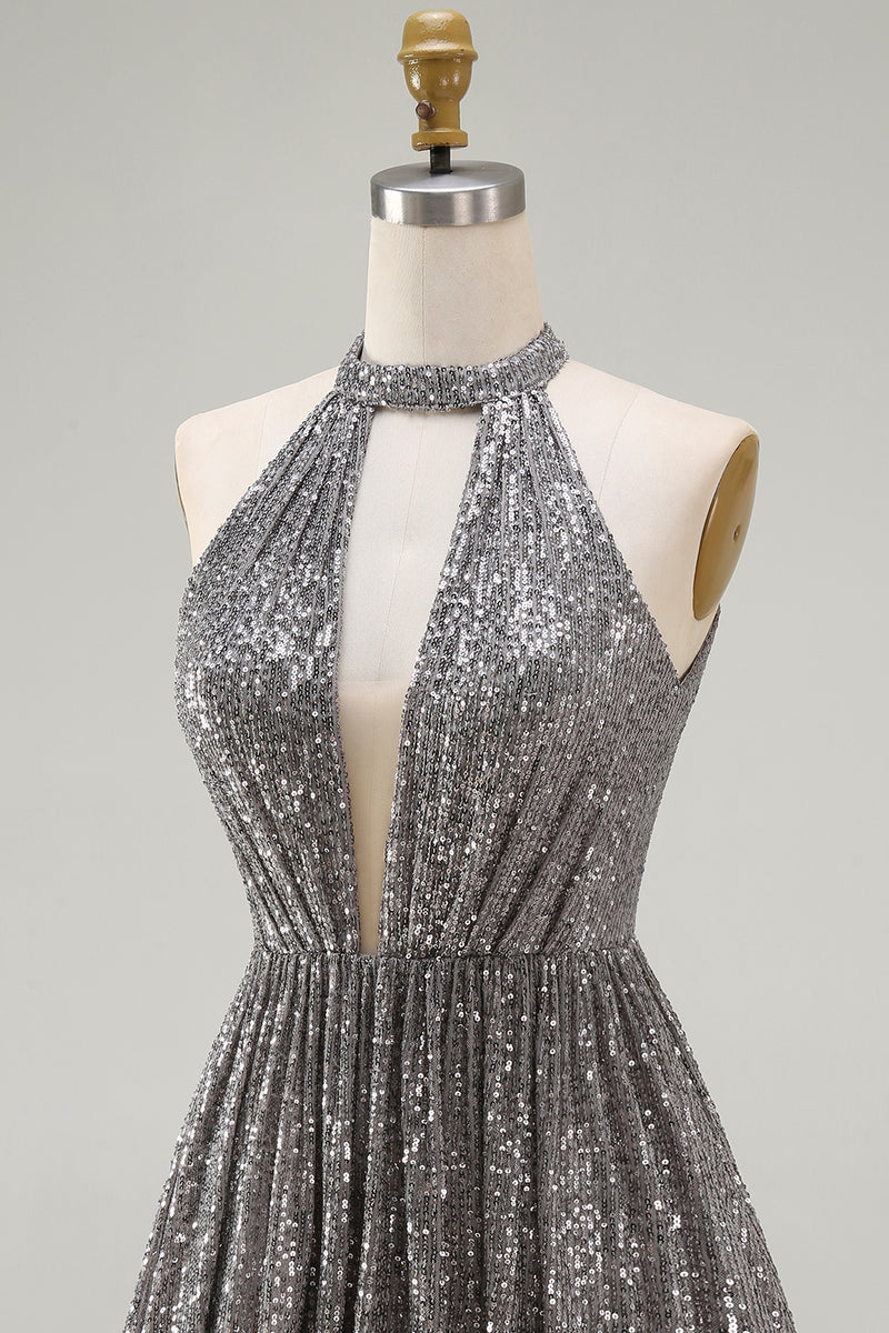 Load image into Gallery viewer, Sparkly Silver Halter Sequin Short Cocktail Dress with Keyhole
