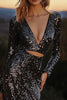 Load image into Gallery viewer, Sparkly Black Sequin Cut Out Asymmetrical Cocktail Dress with Sleeves