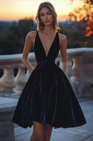 Load image into Gallery viewer, Black Velvet Deep V-Neck Short Cocktail Dress with Sash