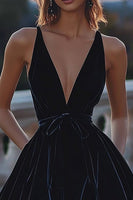 Load image into Gallery viewer, Black Velvet Deep V-Neck Short Cocktail Dress with Sash