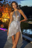 Load image into Gallery viewer, Sparkly Silver Pleated Metallic High-Low Cocktail Dress with Keyhole
