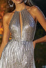 Load image into Gallery viewer, Sparkly Silver Pleated Metallic High-Low Cocktail Dress with Keyhole