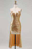 Load image into Gallery viewer, Sparkly Gold Sweetheart Metallic Ruched High-Low Cocktail Dress