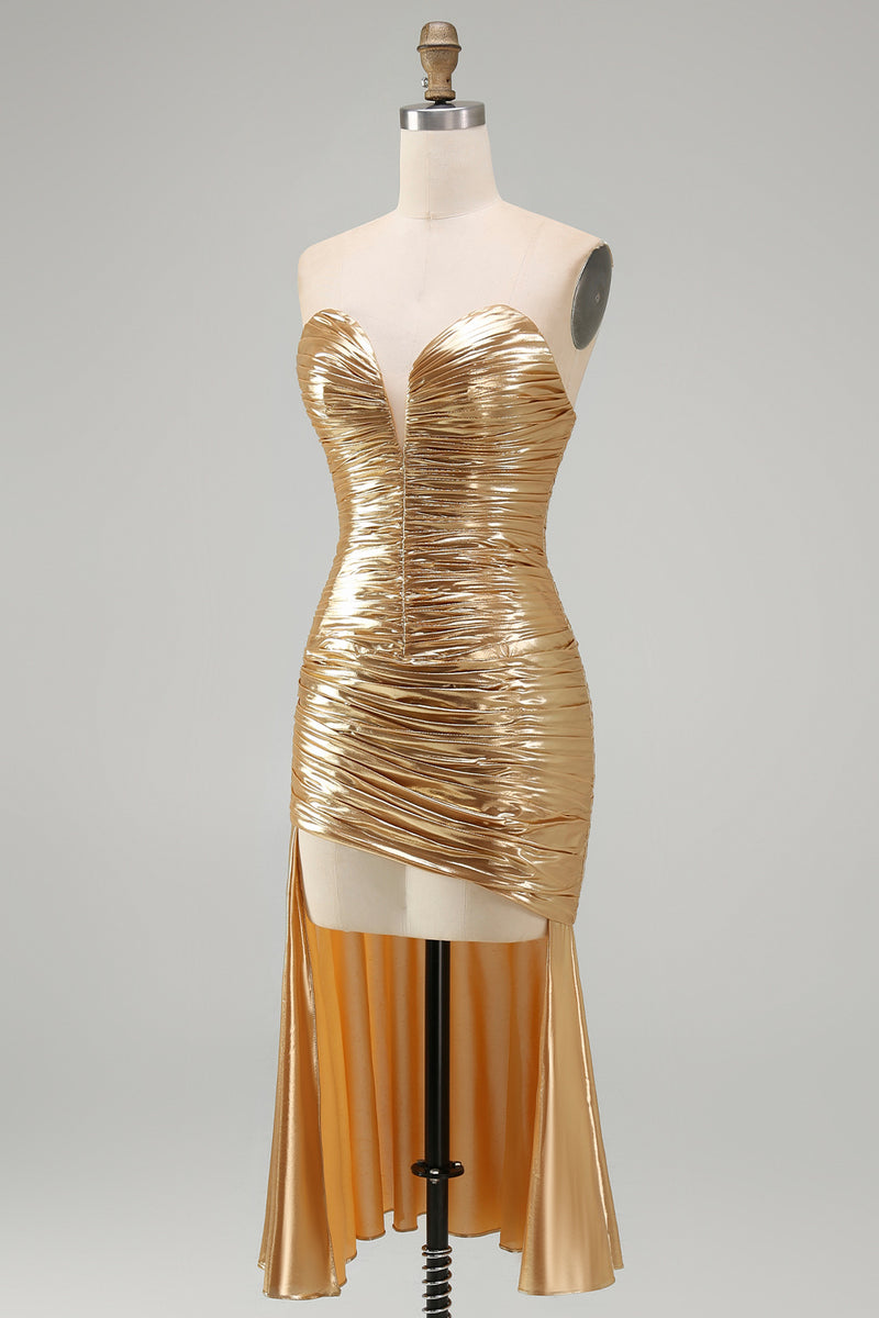 Load image into Gallery viewer, Sparkly Gold Sweetheart Metallic Ruched High-Low Cocktail Dress