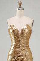 Load image into Gallery viewer, Sparkly Gold Sweetheart Metallic Ruched High-Low Cocktail Dress