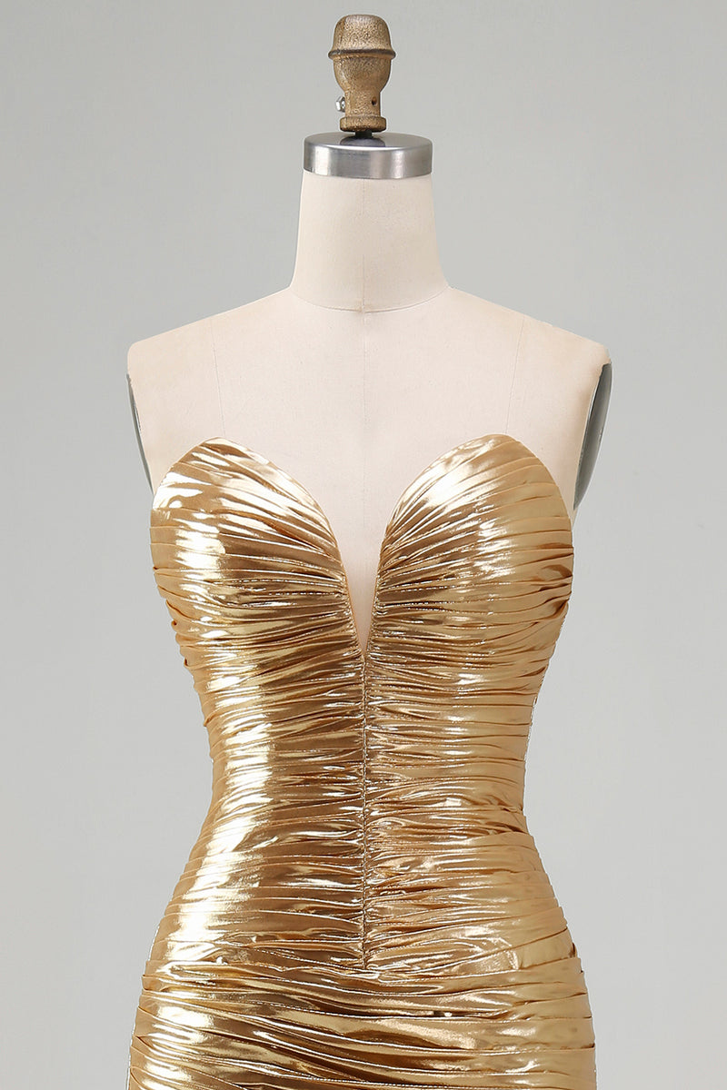 Load image into Gallery viewer, Sparkly Gold Sweetheart Metallic Ruched High-Low Cocktail Dress