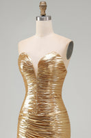 Load image into Gallery viewer, Sparkly Gold Sweetheart Metallic Ruched High-Low Cocktail Dress