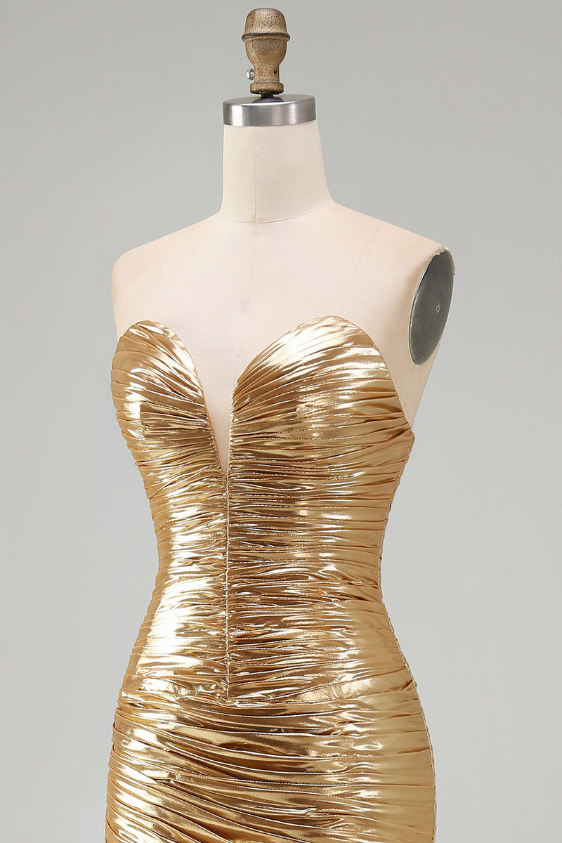 Load image into Gallery viewer, Sparkly Gold Sweetheart Metallic Ruched High-Low Cocktail Dress