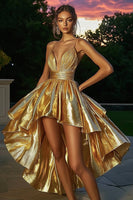 Load image into Gallery viewer, Sparkly Gold Metallic Ruched A Line High-Low Cocktail Dress