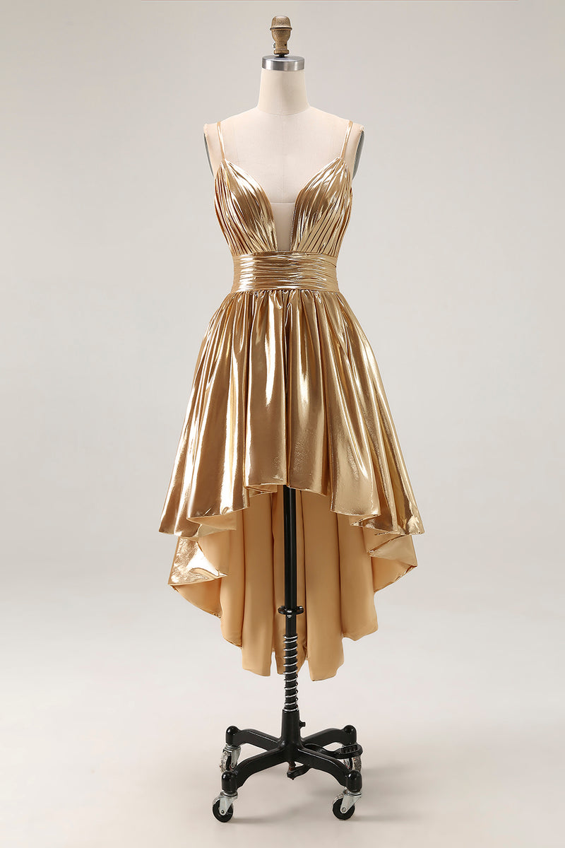 Load image into Gallery viewer, Sparkly Gold Metallic Ruched A Line High-Low Cocktail Dress