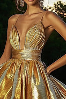 Load image into Gallery viewer, Sparkly Gold Metallic Ruched A Line High-Low Cocktail Dress