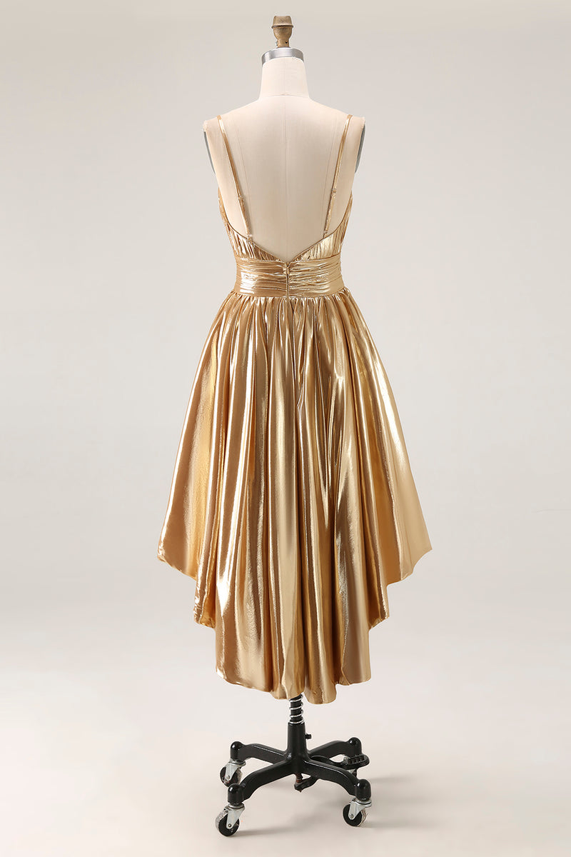 Load image into Gallery viewer, Sparkly Gold Metallic Ruched A Line High-Low Cocktail Dress