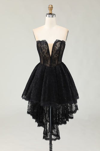 Black Sweetheart High-Low Lace Cocktail Dress with Ruffles