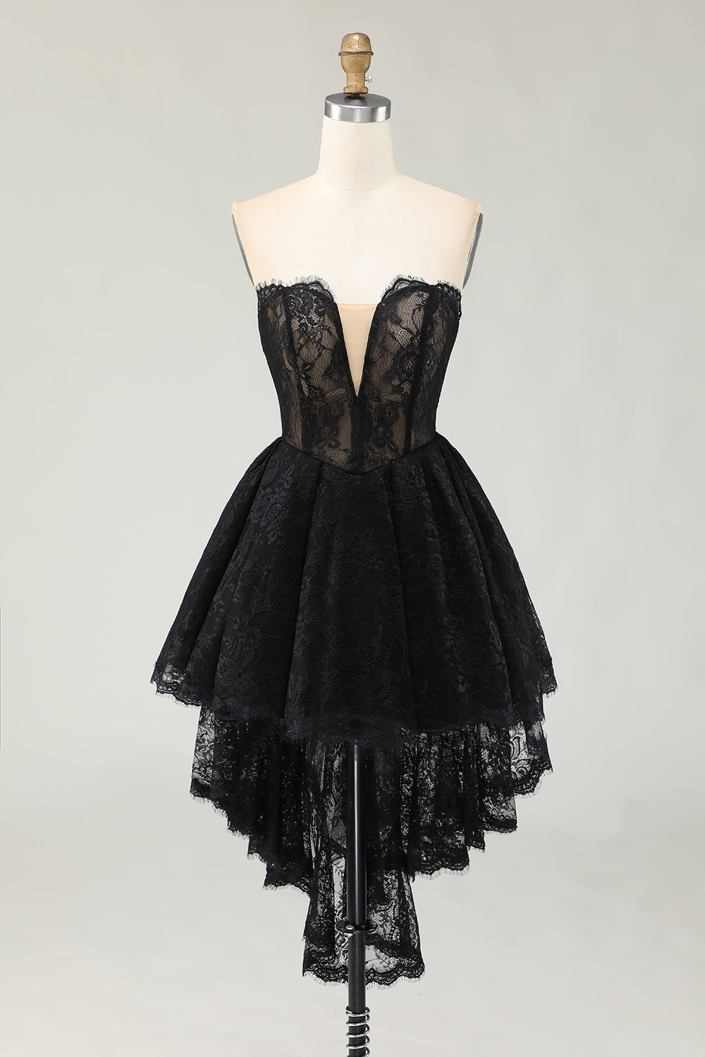 Black Sweetheart High-Low Lace Cocktail Dress with Ruffles