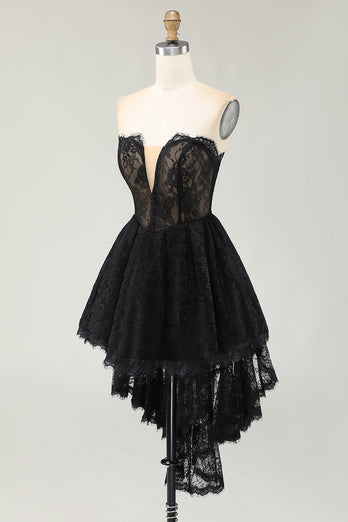 Black Sweetheart High-Low Lace Cocktail Dress with Ruffles