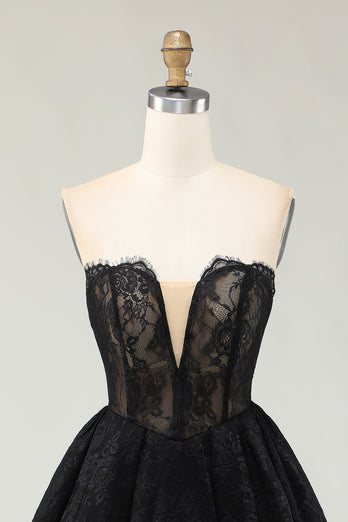 Black Sweetheart High-Low Lace Cocktail Dress with Ruffles