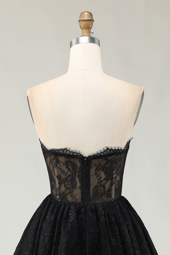 Black Sweetheart High-Low Lace Cocktail Dress with Ruffles