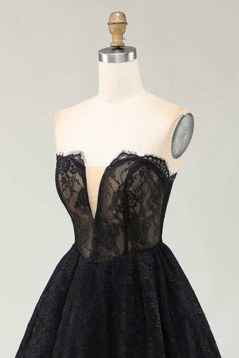 Black Sweetheart High-Low Lace Cocktail Dress with Ruffles