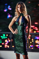 Load image into Gallery viewer, Sparkly Dark Green Bodycon Sequin Short Cocktail Dress with Keyhole